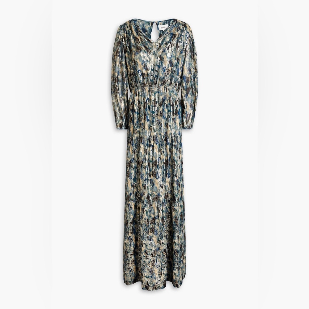 BA&SH Gullian printed metallic fil coupé silk-blend georgette maxi dress/size L